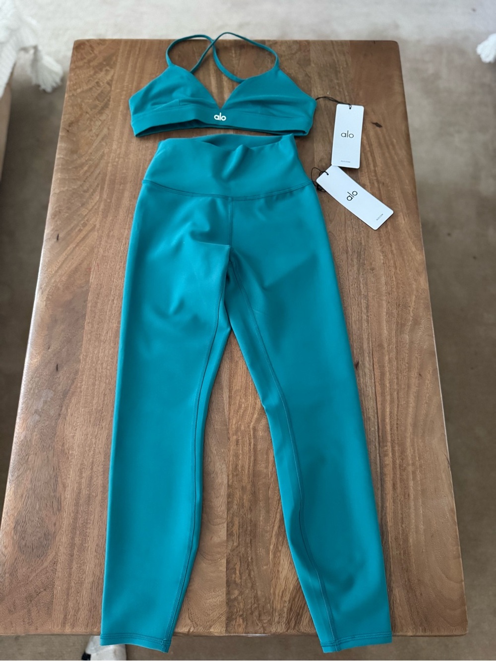 ALO Yoga Teal High-Rise Leggings and Strappy Bralette Set